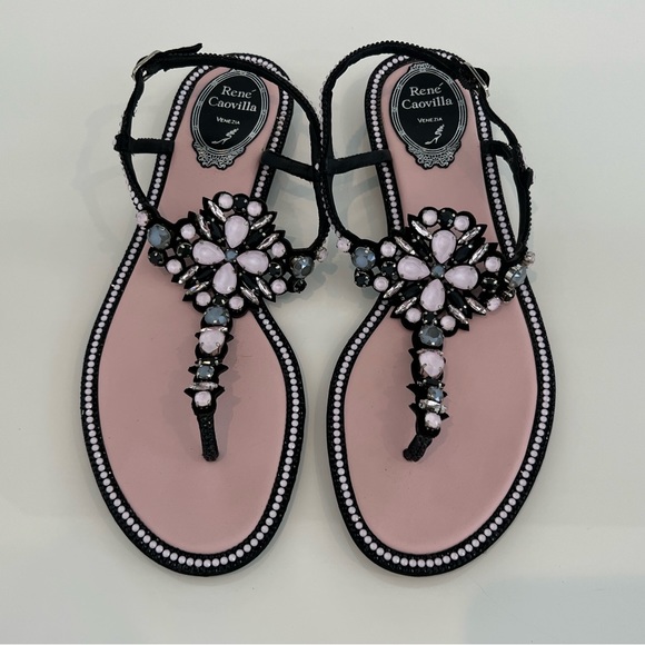 RENE CAOVILLA PINK BLACK EMBELLISHED SANDALS SIZE IT 38.5 / US 8.5 - Picture 3 of 17